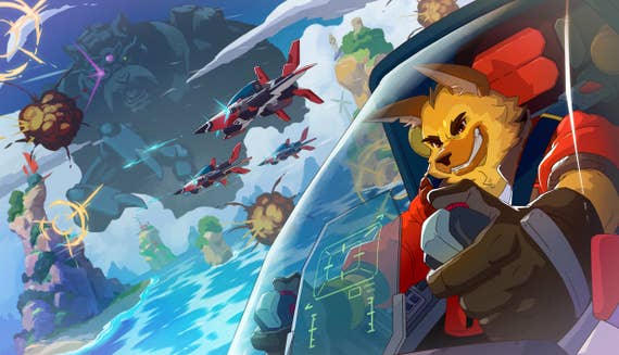 Artwork showing an Alsatian-faced humanoid flying a spaceship plane in their cockpit, and grinning. Other planes can be seen in th ebackground flying above the waters and pillar-like mountains of a strange planet.